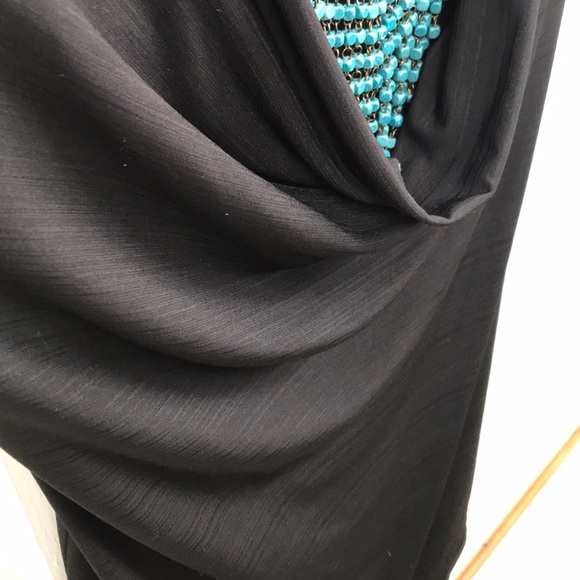 Black Mini Dress w/ Draped Neck & Beaded Accents - Picture 7 of 8